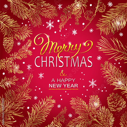 Christmas Poster - Illustration. Vector illustration of Christmas red Background with golden branches of christmas tree.
