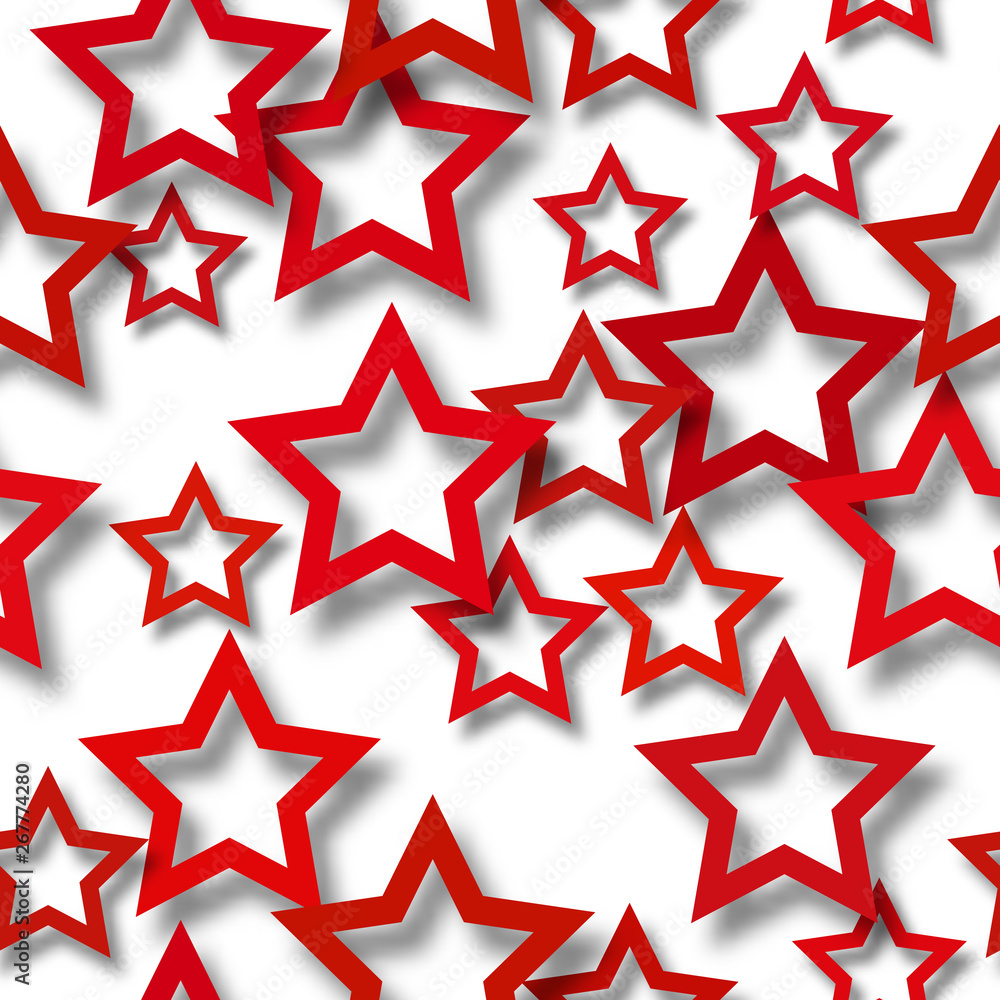 Abstract seamless pattern of randomly arranged red stars with soft shadows on white background