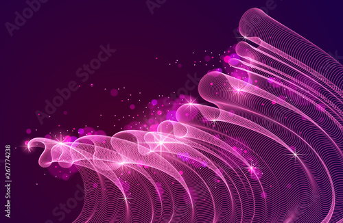 3d magic particles mesh array over dark, sound wave flowing, transparent tulle textile on wind. Round points vector effect illustration. Blended mesh, calming relaxing wallpaper.