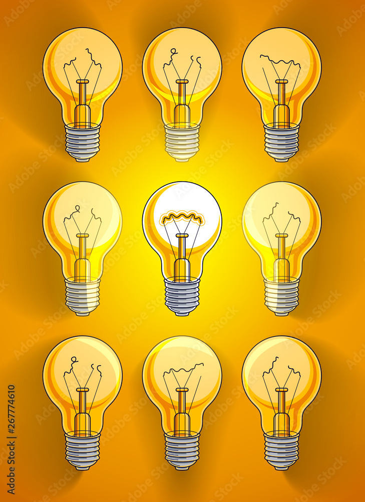 Light bulbs beautiful vector illustration with single one shining, idea concept, think different, stand out of crowd, creative inspiration. Light bulbs beautiful vector illustration with single one shining, idea concept, think different, stand out of crowd, creative inspiration.