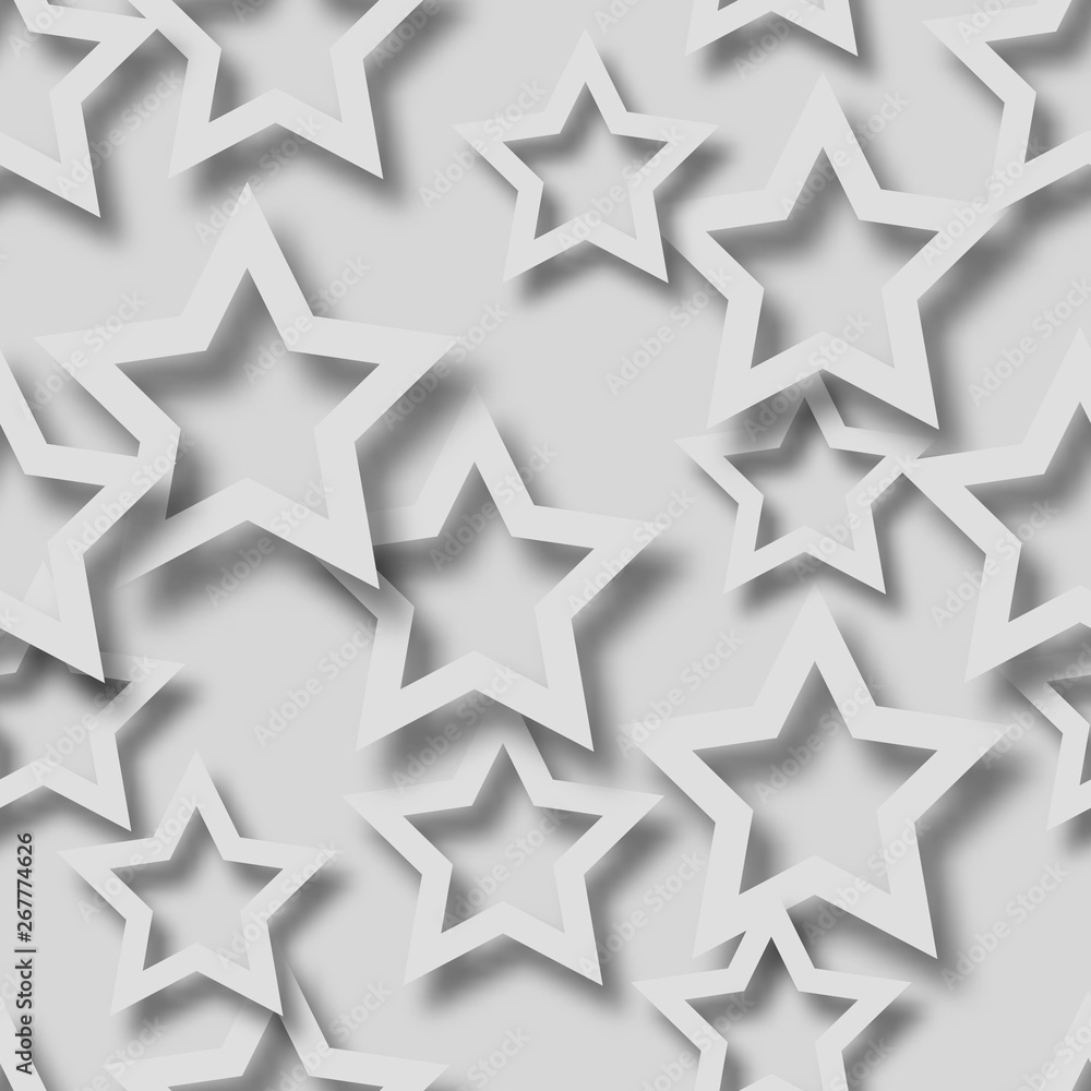 Abstract seamless pattern of randomly arranged white stars with soft shadows on gray background Abstract seamless pattern of randomly arranged white stars with soft shadows on gray background