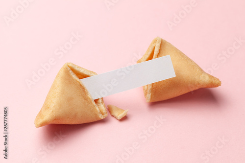 Chinese fortune cookies. Cookies with empty blank inside for prediction words. Pink background. photo
