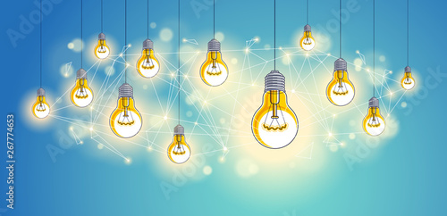 Light bulbs shining beautiful vector realistic illustration. Ideas concept, creative inspiration, creativity. Perfect background or wallpaper.