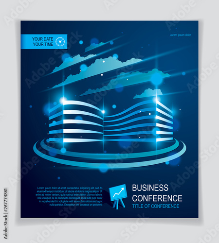 Futuristic building ad, modern vector architecture brochure with blurred lights and glares effect. Real estate realty business center blue design. 3D futuristic facade business conference template.