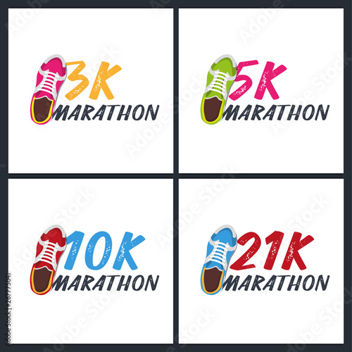 Set of banners. 3K, 5K, 10K and 21K Marathon Run Event with sneakers. Vector illustration.