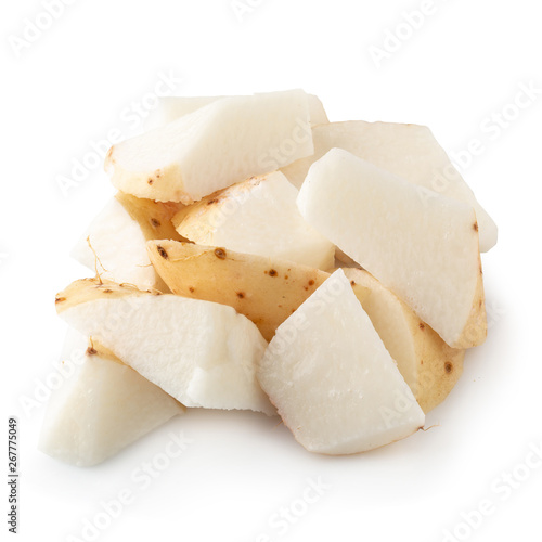 Yamaimo roots and slices or Chinese yam isolated over white background