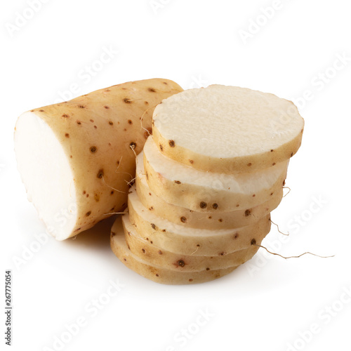 Yamaimo roots and slices or Chinese yam isolated over white background