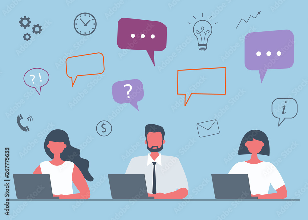 Office workers are working on laptops. Business concept with icons. Young man and young women are sitting at the table on a blue background. Funky flat style. Vector illustration Office workers are working on laptops. Business concept with icons. Young man and young women are sitting at the table on a blue background. Funky flat style. Vector illustration