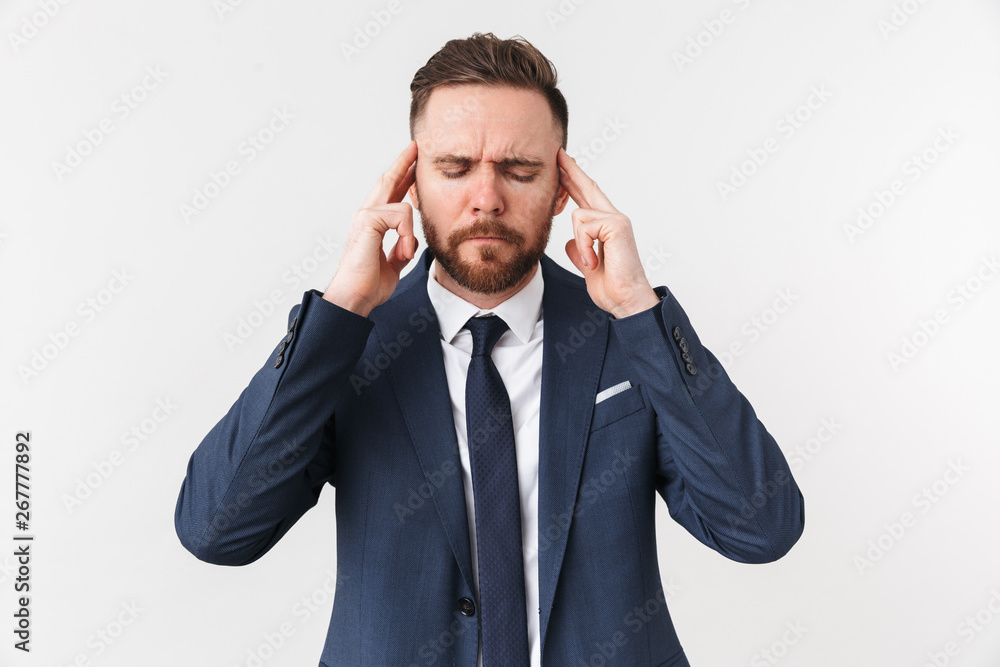 Thinking businessman posing isolated over white wall background. Thinking businessman posing isolated over white wall background.