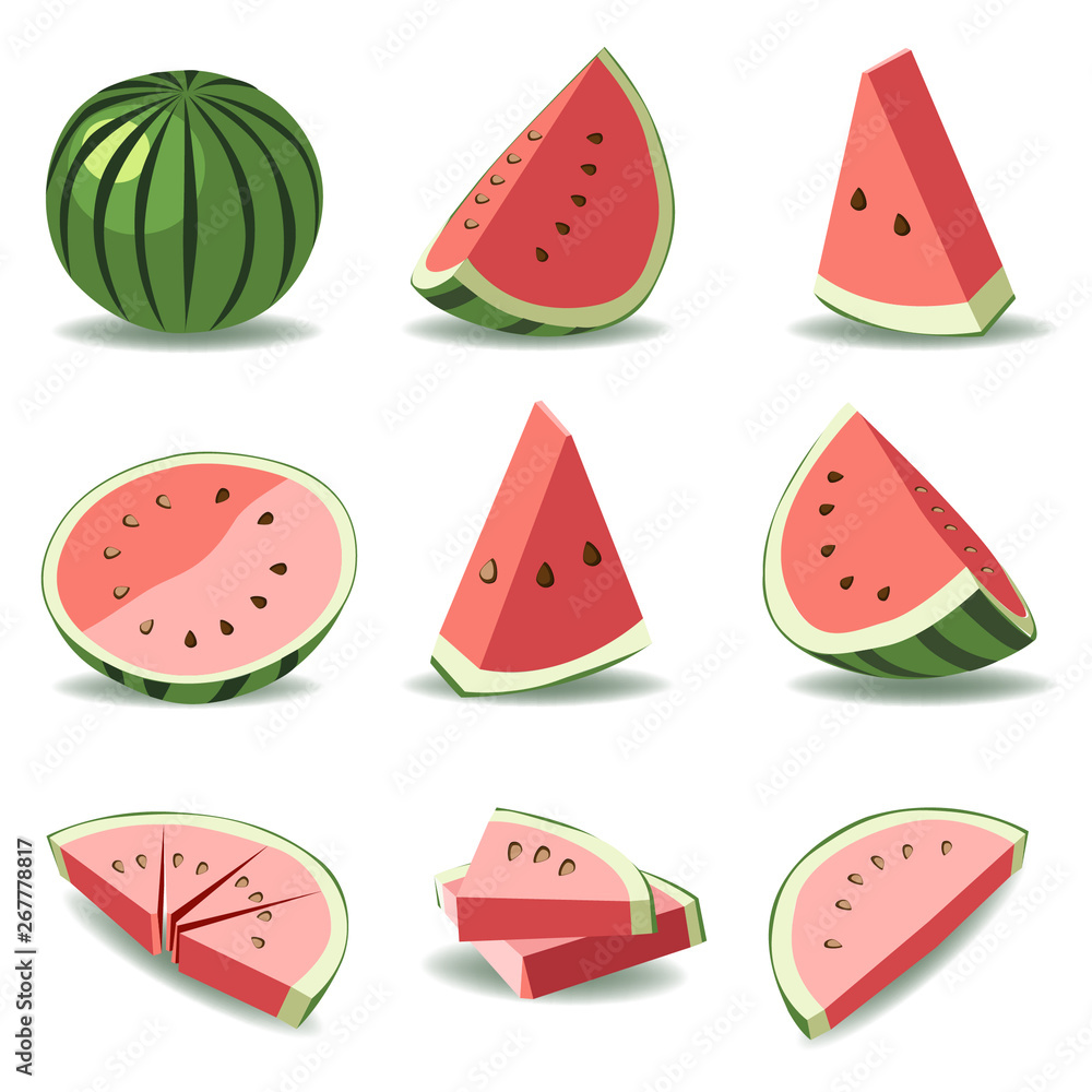 Set of sliced ripe red watermelon isolated in white background. Set of sliced ripe red watermelon isolated in white background.