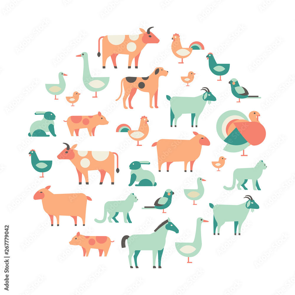 round design element with farm animals and pets