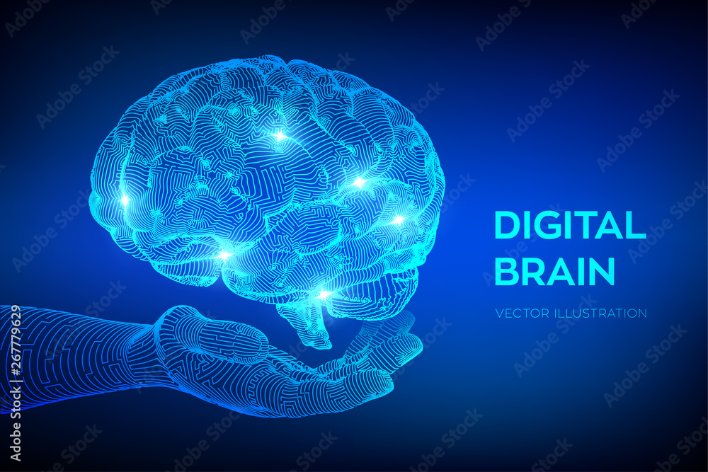 Brain. Digital brain in hand. 3D Science and Technology concept. Neural ...