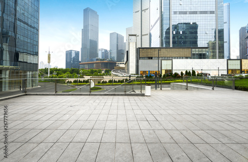 Panoramic skyline and buildings with empty concrete square floor chongqing china