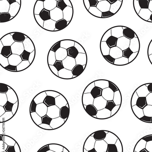 A set of soccer balls. Football theme Seamless background. The vector model with black and white elements.