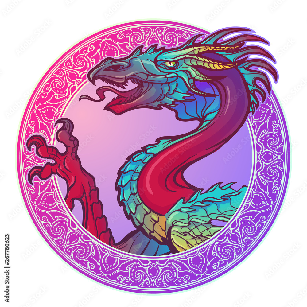 The Dragon head brightly colored encircled in a decorative frame and isolated on a white background. Design for a tattoo, textile print or badge. EPS10 vector illustration
