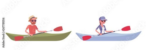 Hiking man, woman in boat. Tourists travelling over water, rowing with paddle, wearing clothes for outdoor sporting, leisure activity. Vector flat style cartoon illustration isolated, white background