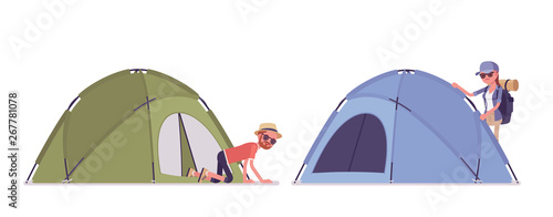 Hiking man, woman setting up a dome tent in camp. Tourists wearing clothes for outdoor walks, summer sporting or leisure activity. Vector flat style cartoon illustration isolated, white background