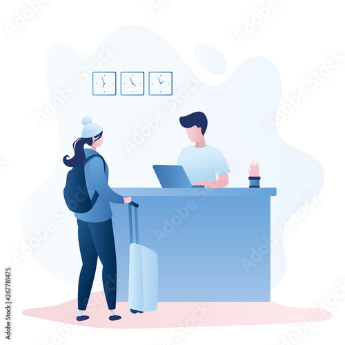Female traveller with backpack and suitcase and male receptionist on workplace,