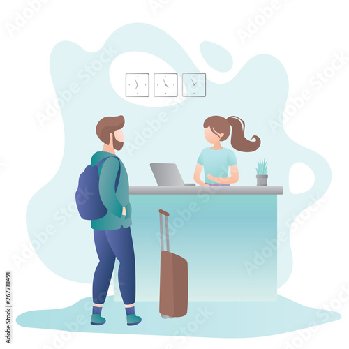 Female receptionist on Reception desk in hotel and male tourist with suitcase and backpack