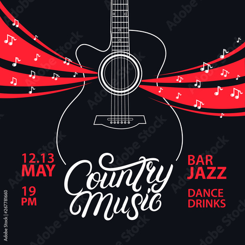 Country Music hand written lettering and guitar poster.