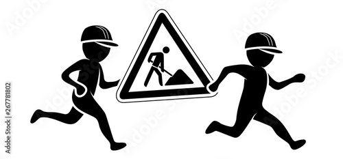 Zwei Bauarbeiter tragen laufend ein Baustellenschild / Schwarz-weiße Figuren / Flat Design, Vektor, Icon