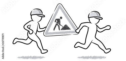 Zwei Bauarbeiter tragen laufend ein Baustellenschild / Schwarz-weiße Strichmännchen / Konturen Zeichnung