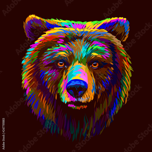 Abstract multi-colored portrait of a brown bear looking ahead on a brown background.