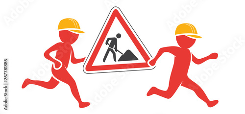 Zwei Bauarbeiter tragen laufend ein Baustellenschild / Farbige Figuren / Flat Design, Vektor, Icon