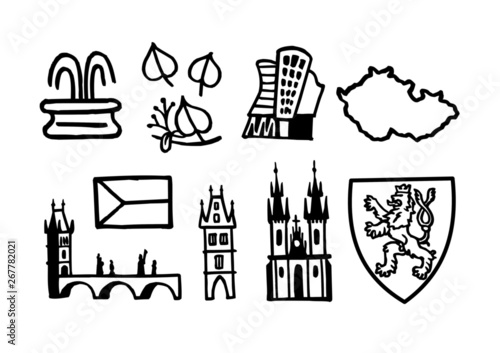 Flag, map, architecture, symbols of Czech Republic, black and white icon set