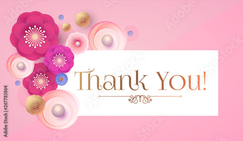Thank You Gratitude Card Template with Cute Flowers. Birthday, Wedding, Bridal Shower Greeting.