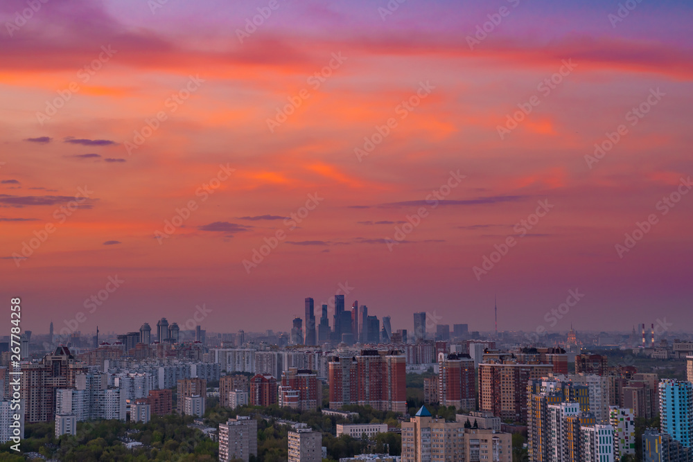 Moscow pink sunset panoramic shot of the City 