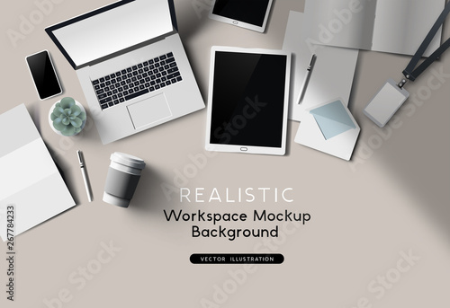 A workplace top view desk mockup. Realistic Vector office accessories.