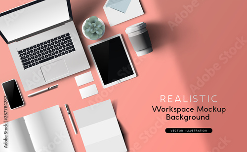 Workspace and office mockup top view realistic vector with stationery and work devices.