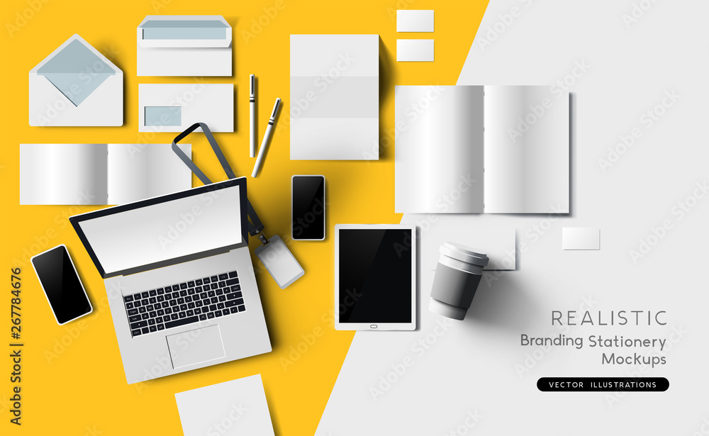 Top view of identity and branding stationary and products. Mockup template vector illustration. - obrazy, fototapety, plakaty 
