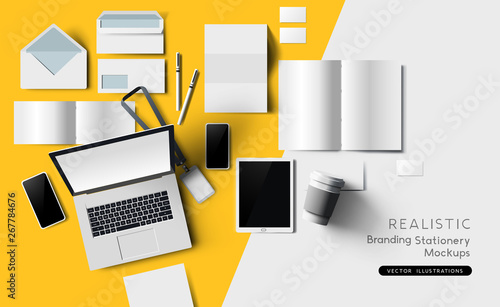 Top view of identity and branding stationary and products. Mockup template vector illustration.