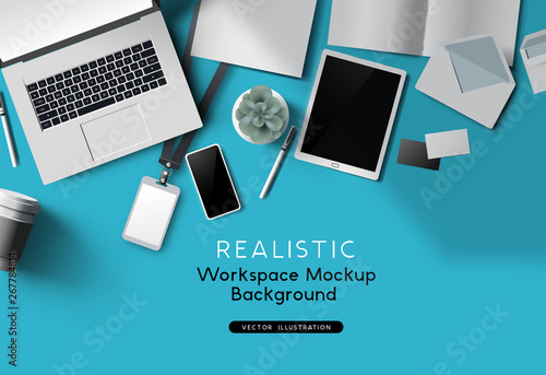 Realistic Vector office desk top view with a notebook and accessories. Vector mockup scene template.
