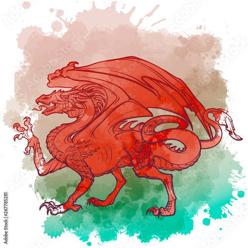 The Welsh Red Dragon on a grunge watercolor textured spot painted in a colors of Welsh national flag. Design for a tattoo, textile print or touristic collaterals. EPS10 vector illustration