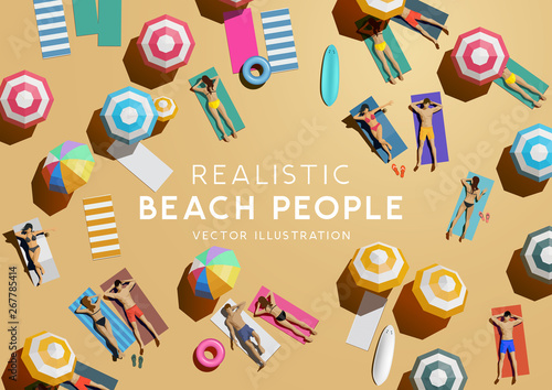 People sunbathing and relaxing on the beach while on holiday. Top view vacation background.