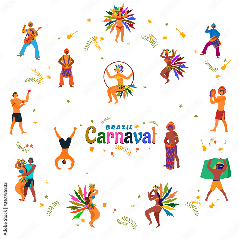 Fototapeta premium Brazil Carnival poster or banner design with dancing people character and bunting decoration on white background.