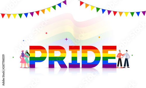 Pride text in rainbow color with gay and lesbian couples on glossy white background for LGBTQ Community.