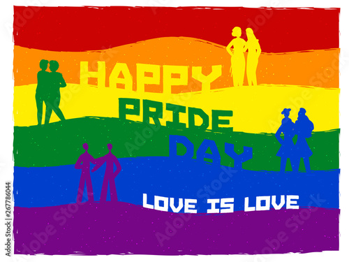 Creative banner or poster design with gay and lesbian couples on rainbow color background for Happy Pride Day concept.