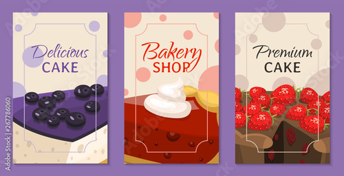 Baking shop menu cards vector illustration. Chocolate and fruity desserts for sweet cake shop with cupcakes, bakery cakes, berry pudding, biscuits, whipped cream, beries glaze