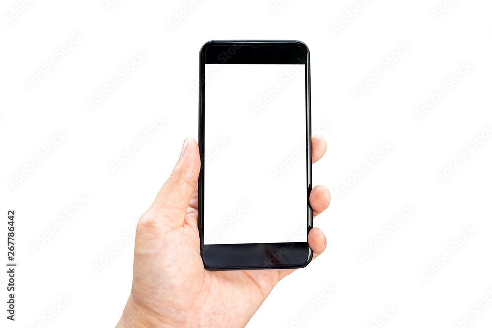 Mockup image of Woman hand holding mobile smartphones isolated white screen for mockup design and others app display background. Graphic design montage Mockup image of Woman hand holding mobile smartphones isolated white screen for mockup design and others app display background. Graphic design montage