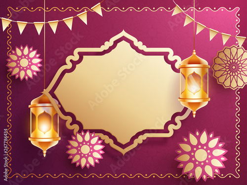 Banner or poster design with hanging golden illuminated lanterns and flowers decorated islamic seamless pattern background with vintage frame given for your message.