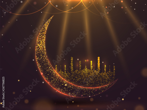 Glitter effect crescent moon with mosque on shiny brown background for Islamic Festival celebration concept.