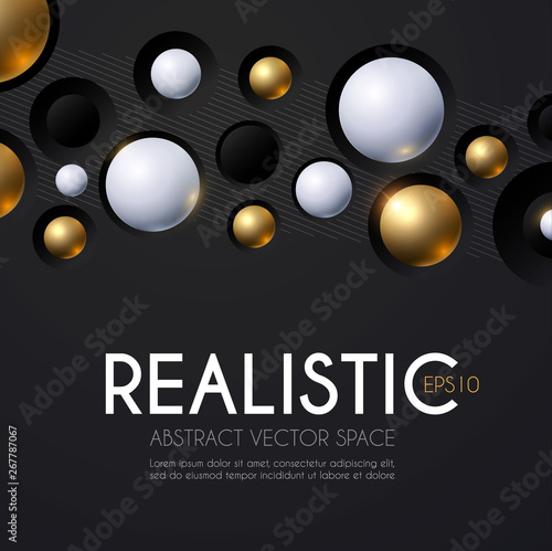 Abstract 3D Background with White and Gold Spheres. Science Design. Structure Template.