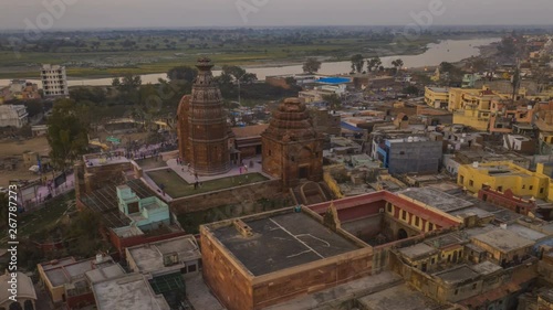 Madan Mohan temple in Vrindavan, 4k aerial hyperlapse with drone photo