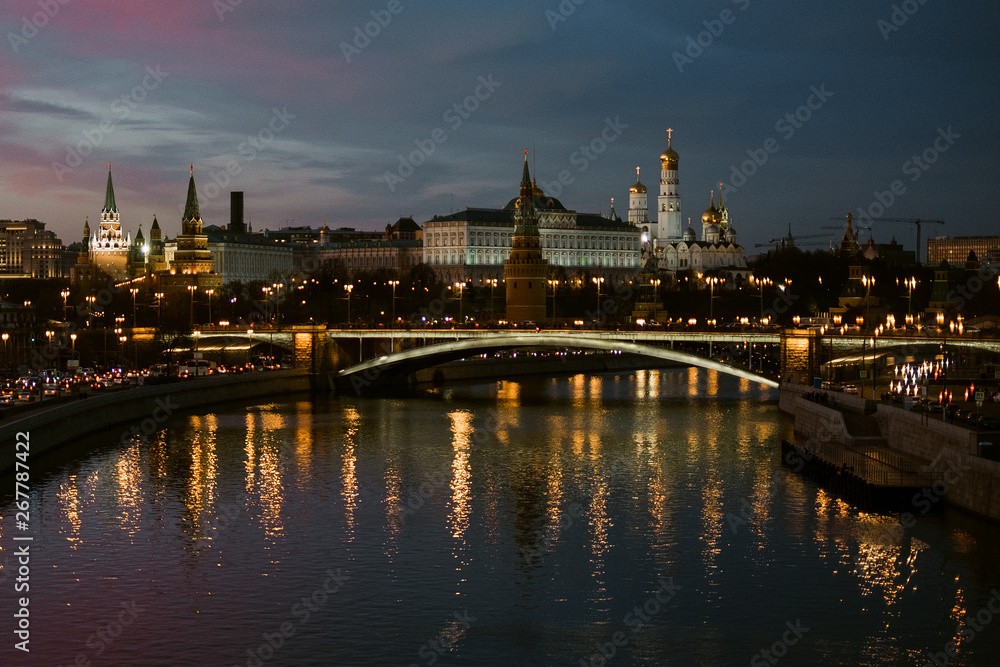 night view of kremlin and river in moscow russia