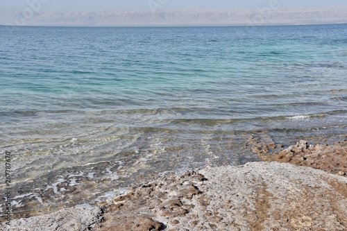 Salt Crystals on Dead Sea  West Bank in the Distance  High Horizon Line