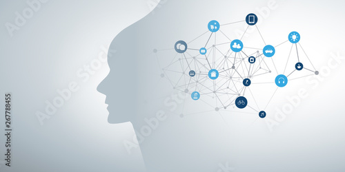 Modern Style Futuristic Machine Learning, Artificial Intelligence, Cloud Computing and IoT Networks Design Concept with Connected Icons, Network Mesh 